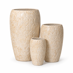 Trio de jardinières hautes en fibro-ciment gaufré effet feuille, coloris crème marbré, pour la décoration extérieure de patio, terrasse et jardin - Product Image 2