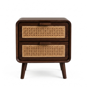 Scandinavian Style Modern Luxury Teak Wood Weave Bedside 2-<b>Drawer</b> <b>Walnut</b> Finish Nightstand - Product Image 1