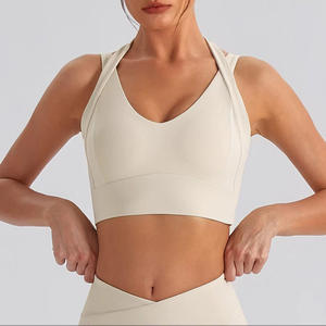 Women's Seamless V-<b>Neck</b> <b>Halter</b> Brassiere High Support Wire-Free Crisscross Straps Yoga Wear Print Front Logo Spandex Nylon - Product Image 2
