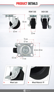 Roulettes pivotantes en PP de 2,5 pouces avec frein et fixation par plaque, roulettes verrouillables pour meubles, chariots et présentoirs - Product Image 2