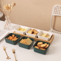 Serviette à condiments pour la cuisine 3 pièces, bol de service en porcelaine blanche en céramique avec plateau en bambou