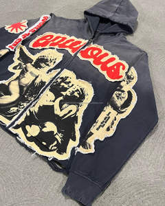 Sudaderas con capucha unisex personalizadas 100% algodón Vintage lavado parche bordado de gran tamaño Zip Up Sudadera con capucha desgastada para hombres - Product Image 2