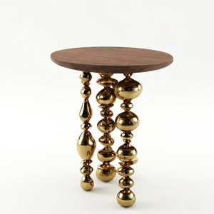 Trending Unique Design <b>Round</b> <b>Side</b> <b>Table</b> with Bronze Base and Metal Wooden Texture Band for Living Room Home Furniture - Product Image 6