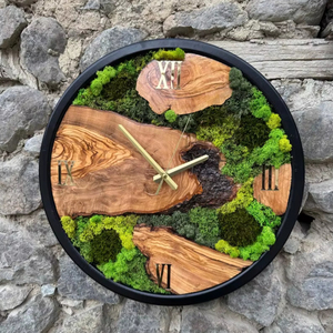Handmade Wooden Wall <b>Clock</b> with Moss – Rustic Home Decor - Product Image 1