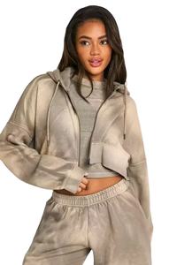 Style vintage Streetwear fermeture éclair lavage à l'acide survêtement poids lourd sweat à capuche court ensemble femmes Fitness haut court Impact vêtements de sport - Product Image 6