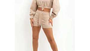 Women's Collarless Solid Casual Two-Piece Cotton Crop <b>Top</b> Hoodie and Shorts Set Breathable - Product Image 6