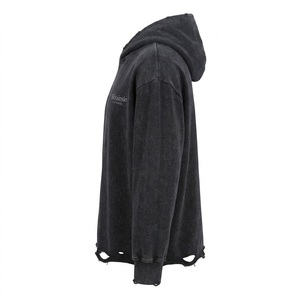 Sudaderas con Capucha Oversize de Algodón Desgastado con Logo Personalizado, Parche Bordado, Dobladillo sin Rematar y Lavado Ácido para Hombre - Product Image 4