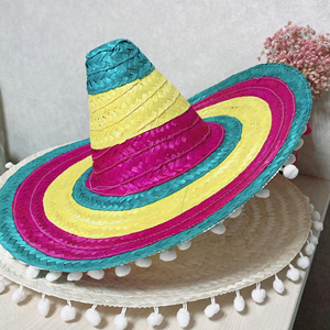 Sombreros de Paja Fiesta Sombrero con Pompones Blancos de 55 cm para el Cinco de Mayo, Atuendo para Fiestas Mexicanas, Discotecas, Bares, Cumpleaños - Product Image 1