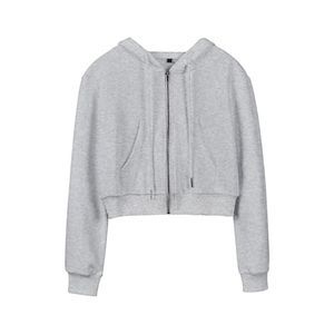 Wholesale Custom LOGO Grey Women's <b>Cropped</b> <b>Zip</b>-<b>Up</b> Hoodie Solid Color Full Sleeve Hooded Sweatshirt Knitted Cotton Autumn Wear - Product Image 4