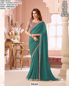 Sari de Seda Bordado con Ámbar Real, Transpirable, Antiarrugas, Tradicional, para Todas las Temporadas, para Fiestas de Diwali, Bodas, para Mujer - Product Image 4