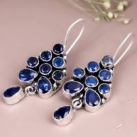 Boucles d'oreilles pendantes en laiton plaqué argent avec onyx bleu, faites à la main, pierres précieuses facettées, style bohème, pour femme
