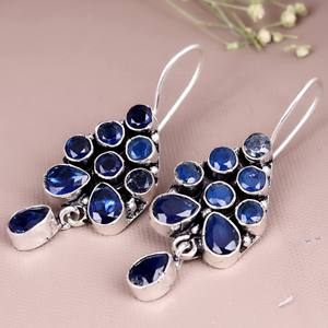 Boucles d'oreilles pendantes en laiton plaqué argent avec onyx bleu, faites à la main, pierres précieuses facettées, style bohème, pour femme - Product Image 4