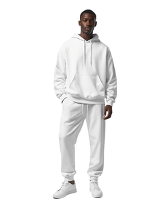 Men White Hooded <b>Tracksuit</b> Full Length Solid Color Cotton Casual Wear With Side Pockets And Elastic Waist - Product Image 3