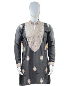 <b>Men's</b> <b>Black</b> Silk <b>Kurta</b> With Gold Embroidery V-Neck Traditional Wedding Wear India Pakistan Regular Fit Adult - Product Image 1