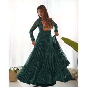Hermoso Vestido Anarkali con Estampado Laheriya, Tela de Chifón, Silueta en A, Cintura Imperio - Product Image 1