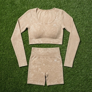 Women Beige Acid Wash <b>Long</b> <b>Sleeve</b> Crop <b>Top</b> Biker Shorts Set High Waist Gym Yoga <b>Workout</b> Activewear - Product Image 6