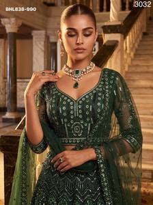 Premium Quality Net with Monochrome Sequin-Bugle <b>Beads</b>-Resham Thread work A-Line Dark-Green Choli Set Supplier from Surat - Product Image 6