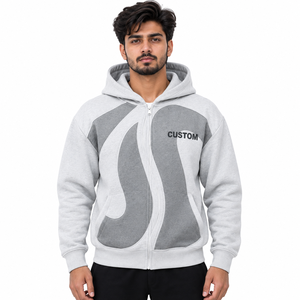 Sweat à capuche zippé personnalisé pour homme, colorblock, avec empiècements en polaire contrastants gris et blanc, style streetwear décontracté, fournisseur ODM USA - Product Image 1