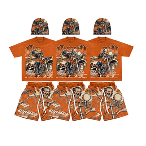 <b>Men's</b> Yellow <b>Skull</b> Moto Biker T-<b>Shirt</b> Shorts Set Sublimation Print Crew Neck Quick Dry Summer Outfit - Product Image 5