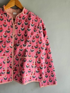Pink Floral Quilted <b>Jacket</b> <b>Mandarin</b> <b>Collar</b> Full Sleeve Cotton Hand Embroidered Autumn Wear GIFT FOR HER - Product Image 3