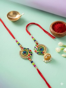 Designer Peacock Rakhi Set Colorful <b>Beaded</b> <b>Thread</b> with Pearl Lumba Rakhi - Product Image 1