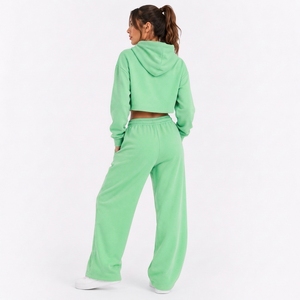 Women's <b>Oversized</b> Crop <b>Hoodie</b> Wide Leg Sweatpants Set Custom Streetwear OEM ODM Private Label Manufacturer - Product Image 2