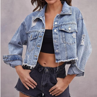 Jaket Denim Wanita Model Distressed Crop Vintage Gaya Formal Kancing Depan Warna Solid Tahan Angin Bernapas Ramah Lingkungan