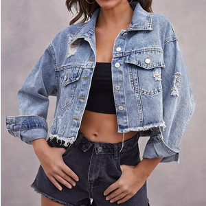 Women's Distressed Denim Jacket Cropped Vintage Formal Style <b>Button</b> Front Solid Color Windproof Breathable Eco-Friendly - Product Image 2