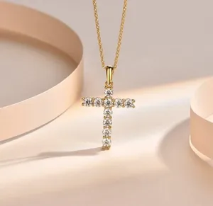 Moissanite Cross Wedding <b>Pendant</b> <b>Solid</b> 14K Yellow <b>Gold</b> 1 Carat Round Cut F VVS1 - Product Image 1