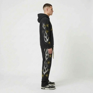 <b>Men</b>’s Black Star Graphic Hoodie Jogger Tracksuit <b>Set</b> with Flame Sleeve Print Custom Streetwear - Product Image 3