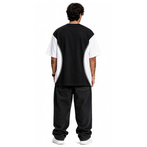 T-shirt Homme Oversize Noir et Blanc Contrastant à Manches Courtes Col Rond Imprimé Lettres Style Urbain Gaufré - Product Image 4