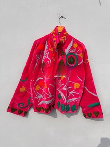 Handmade Pink Velvet <b>Jacket</b> for <b>Women</b> Vibrant Suzani Floral Embroidery and Heart Motifs Traditional Boho Style Winter Coat - Product Image 2