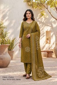Designer Beautiful Bandhani Print With Intricate Neck Detailing Premium Cotton <b>Kurti</b> With Pant And Dupatta Set - Product Image 1