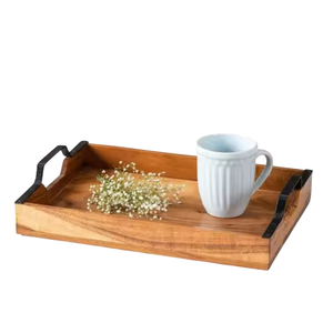 Plateaux de service vintage en bois d'acacia brun avec poignées en métal noir pour la maison et les restaurants, pour servir des boissons et des collations - Product Image 1