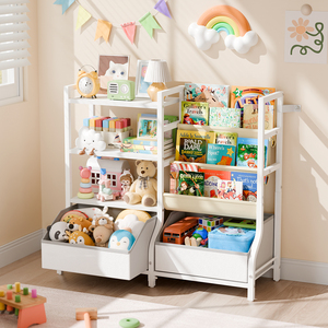 Organisateur de rangement pour livres et jouets pour enfants, étagère à livres à 3 niveaux avec 2 bacs en tissu, étagère Montessori pour salle de jeux, chambre à coucher - Product Image 1