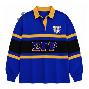Camiseta de rugby extragrande para mujer Sigma Gamma Rho, de manga larga, con cuello polo, bordado con letras griegas, estilo universitario. - Product Image 1