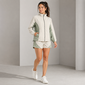 Ensemble de shorts sportifs 2 pièces pour femmes, couleur contrastée, manches longues, col montant, léger, respirant, polyester, pour le printemps et l'été - Product Image 3