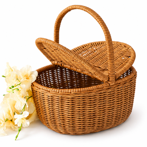 Panier de pique-nique multifonctionnel en rotin brun naturel tressé à la main, style rustique, écologique, avec couvercles et poignées, fabriqué au Vietnam - Product Image 1