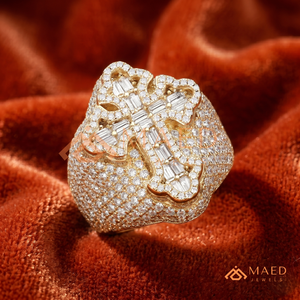 Custom 18kt Gold Plated Men's Iced Out <b>Cross</b> <b>Ring</b> 925 Sterling <b>Silver</b> VVS Moissanite Baguette Diamond Cluster Religious Hip Hop - Product Image 1