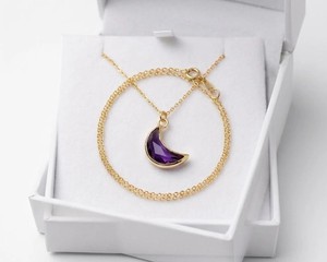 Handmade Platinum Bezel Setting Crescent <b>Moon</b> Amethyst Necklace Natural Purple Gemstone Pendant Minimalist Wedding <b>Crystal</b> - Product Image 1
