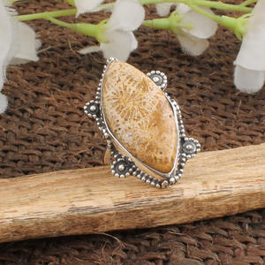 Bague en corail fossile naturel, argent sterling 925, pierre précieuse en corail agatisé, motif floral, bijoux en pierre pour femme, cadeau, vente en gros - Product Image 4