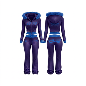Ensemble de survêtement à capuche pour femme, violet et vert, avec logo rose imprimé, pantalon de survêtement décontracté et haut court à manches longues avec fermeture éclair - Product Image 2