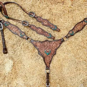 Qualidade Premium Real couro de vaca franja headstall colarinho de peito artesanal com Conchos cavalo aderência moda ocidental