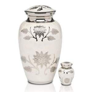 Handmade White Metal Cremation Urns for Human Ashes - Elegant Sunflower Engraved Large Funeral Urn & Small Keepsake Set Urns - Product Image 1