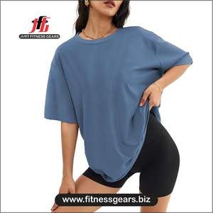Women's O-Neck Short Sleeve T-Shirt Solid Blue Knitted Casual Wear Loose Fit Summer 100% Polyester - Product Image 5