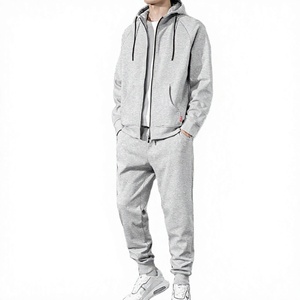 Ensemble de survêtement gris à capuche pour homme, avec fermeture éclair intégrale, pantalon et sweat-shirt, décontracté, respirant, en coton, pour l'automne - Product Image 1