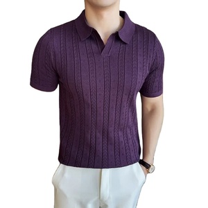 POLO con cuello en V para hombre, novedad de verano 2024, Camiseta de punto de manga corta informal de Color sólido Jacquard a rayas huecas, ropa para hombre - Product Image 1