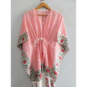 Vestido Kaftán de Algodón con Estampado de Bloques, Cuello en V, Manga Murciélago, Corte Ajustado y Evase, Hecho a Mano, Estilo Boho, Túnica Holgada para la Playa, Atuendo de Verano para Vacaciones - Product Image 4