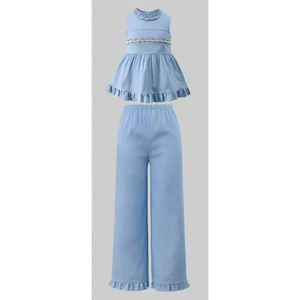 Conjunto de Dos Piezas: Top Peplum con Volantes y Pantalón de Pierna Ancha, Color Azul Polvo, Estilo Moderno y Chic - Product Image 1