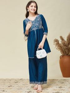 <b>Women</b> Teal Silk Blend Embroidered Peplum <b>Kurta</b> and Pant Set Regular Fit Casual Traditional Wear Quick Dry Knee-Length - Product Image 4